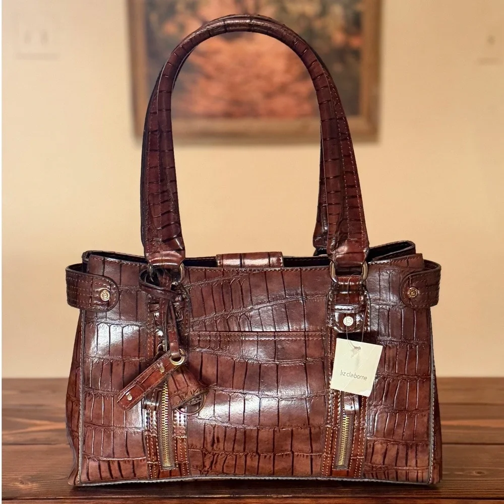 Liz Claiborne Satchel Women Large Brown New Y2K Croc Embossed Faux Leather